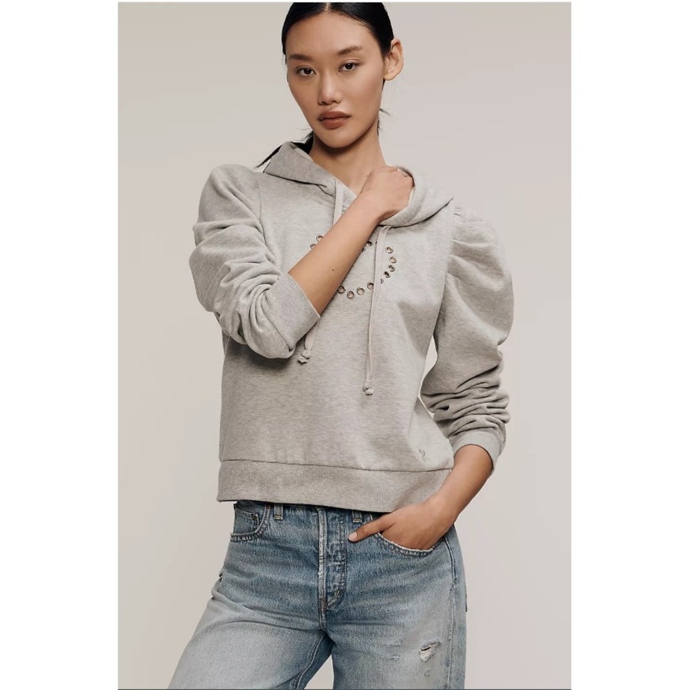 Maeve Anthropologie Gray Puff Sleeve Grommet Heart Hoodie Sweatshirt Womens S